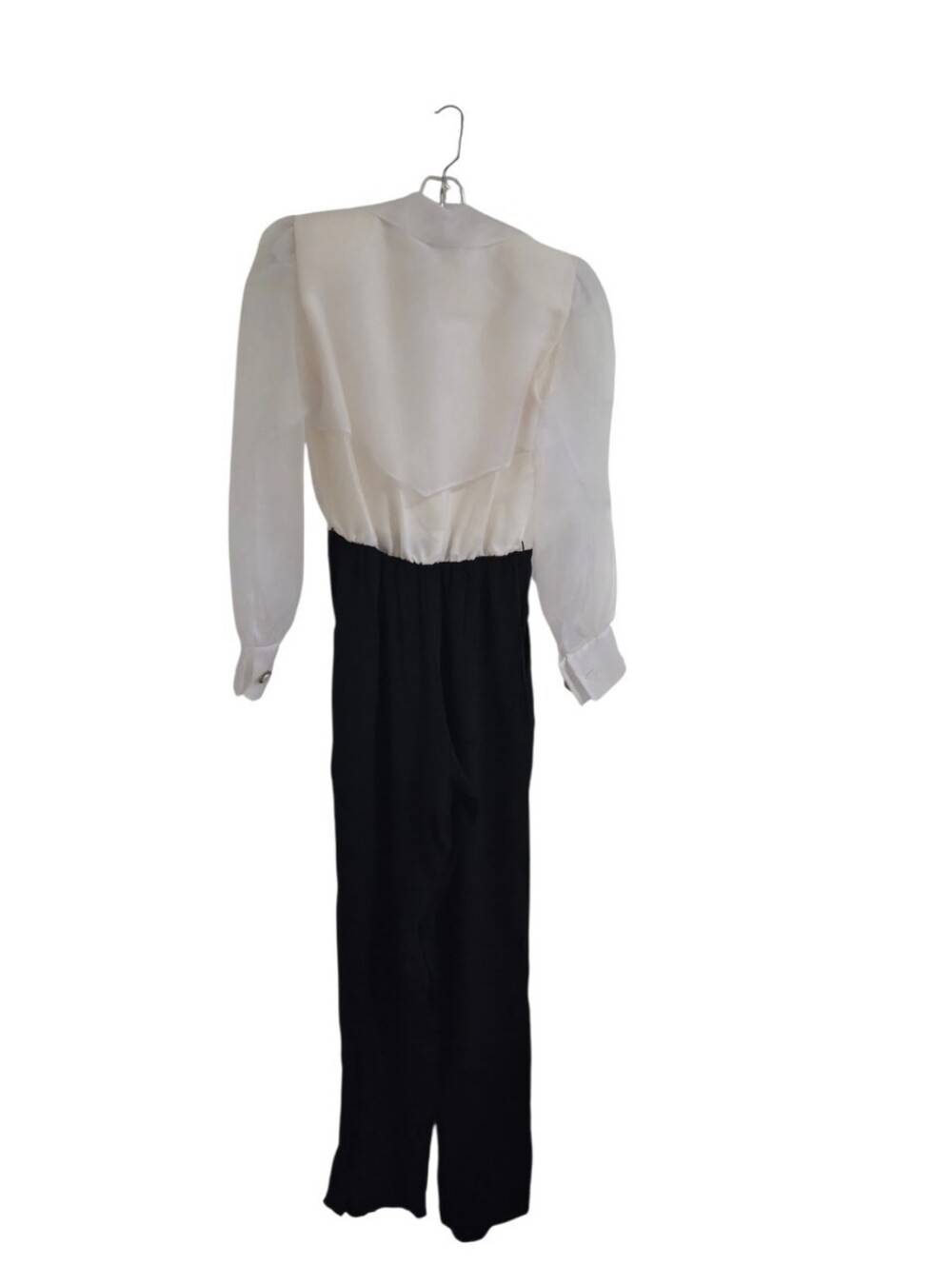 Vintage 80s Positively Ellyn Tuxedo Jumpsuit Size 4 Sheer Sleeve Black Ivory - Picture 3 of 12
